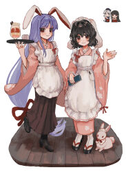 4girls :3 animal_ears apron b_nosk101 black_footwear black_hair blush brown_skirt chibi chibi_inset full_body highres holding holding_tray houraisan_kaguya inaba_tewi japanese_clothes kimono long_hair looking_at_viewer lop_rabbit_ears low-tied_long_hair maid maid_apron maid_headdress multiple_girls pink_kimono purple_hair rabbit rabbit_ears red_eyes reisen_udongein_inaba sandals skirt smile tabi touhou tray very_long_hair wa_maid white_apron wooden_floor yagokoro_eirin zouri