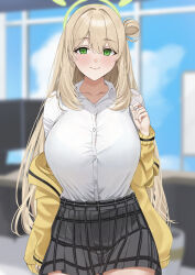 1girl absurdres black_skirt blue_archive blue_sky blurry blurry_background blush breasts brown_hair buttons cardigan closed_mouth collared_shirt commentary day green_eyes green_halo hair_between_eyes hair_intakes hair_rings halo hand_up highres indoors large_breasts long_hair long_sleeves looking_at_viewer miniskirt nonomi_(blue_archive) open_cardigan open_clothes plaid_clothes plaid_skirt pleated_skirt ref_(pmxt4483) shirt single_hair_ring skirt sky smile solo white_shirt yellow_cardigan