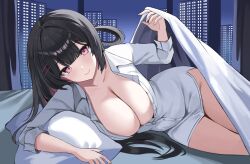 Rule 34 | 1girl, absurdres, arm support, black hair, blunt ends, bottomless, breasts, building, center-flap bangs, cityscape, cleavage, closed mouth, collarbone, collared shirt, come hither, commission, double-parted bangs, feet out of frame, hair ornament, hairclip, hashtag-only commentary, highres, indoors, large breasts, long hair, long sleeves, looking at viewer, lying, mo ca coffee, naked shirt, night, night sky, on bed, on side, original, partially unbuttoned, pillow, pink eyes, shirt, sky, skyscraper, smile, solo, tsurime, under covers, white shirt, window
