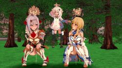 3d 3girls blonde_hair blush caught embarrassed grass lumine_(genshin_impact) multiple_girls noelle_(genshin_impact) open_mouth outdoors paimon_(genshin_impact) peeing peeing_together pussy short_hair squatting thighhighs tree white_hair
