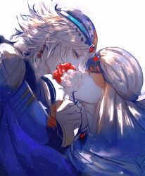 2boys black_hair blue_headscarf closed_eyes daonov1 earrings final_fantasy final_fantasy_ii firion flower gem headscarf highres holding holding_flower jewelry kiss looking_at_another male_focus mask medium_hair minwu mouth_mask multicolored_headscarf multiple_boys orange_eyes orange_headscarf red_gemstone rose sleeves_past_wrists turban white_flower white_hair white_mask white_rose white_turban yaoi