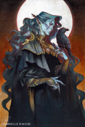 Rule 34 | 1boy, artist name, bird, bird on hand, bridal gauntlets, cloak, colored pencil (medium), commentary, crow, earrings, english commentary, fingernails, from side, full moon, gabrielleragusi, grey hair, highres, jewelry, long fingernails, long hair, marker (medium), mixed media, moon, original, pointy ears, profile, ring, signature, single bridal gauntlet, single earring, traditional media, very long hair