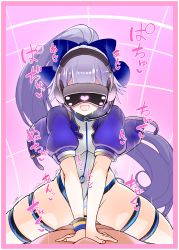 1boy 1girl bar_censor blue_bow blue_jacket blue_one-piece_swimsuit blush bow breasts censored competition_swimsuit cowgirl_position fate/grand_order fate_(series) girl_on_top hair_between_eyes hair_bow head-mounted_display headphones headset heart hetero highleg highleg_one-piece_swimsuit jacket large_breasts long_hair looking_at_viewer one-piece_swimsuit pink-tinted_eyewear pink_background ponytail sex short_sleeves silver_hair smile straddling swimsuit thighs tinted_eyewear tomoe_gozen_(fate) tomoe_gozen_(swimsuit_saber)_(fate) tomoe_gozen_(swimsuit_saber)_(first_ascension)_(fate) two-tone_swimsuit vaginal virtual_reality visor vr_visor white_one-piece_swimsuit yoosai