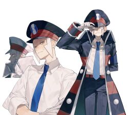 2boys absurdres adjusting_clothes adjusting_headwear arm_up belt belt_buckle black_coat black_hat black_pants brothers brown_belt buckle ccf2q closed_mouth coat collared_coat collared_shirt emmet_(pokemon) frown grey_eyes grey_hair hat high_collar highres ingo_(pokemon) long_sleeves looking_at_viewer looking_to_the_side male_focus multiple_boys multiple_views nintendo pants peaked_cap pokemon pokemon_bw profile shirt shirt_tucked_in short_hair siblings sideburns sideways_glance silver_trim simple_background sleeve_cuffs sleeves_rolled_up standing twins white_background white_coat white_shirt wing_collar