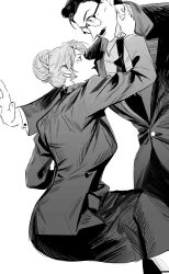 1boy 1girl blush collared_shirt commentary couple crossed_legs eye_contact facial_hair formal_clothes glasses hair_bun hair_slicked_back highres kisaki_eri looking_at_another meitantei_conan mercuryxun mouri_kogoro mustache necktie profile shirt sidelocks simple_background sitting suit symbol-only_commentary