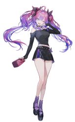 1girl :d ahoge artist_request bag bare_shoulders black_nails black_shirt black_shoes black_skirt blue_eyes blue_hair center-flap_bangs choker commentary_request floating_hair full_body gradient_hair hair_ribbon hand_on_own_chin highres holding holding_bag hololive hololive_dev_is kikirara_vivi looking_at_viewer midriff miniskirt multicolored_hair navel_peek off-shoulder_shirt off_shoulder official_alternate_costume official_art one_eye_closed open_mouth pink_bag pink_hair pink_nails platform_shoes print_ribbon purple_socks ribbon second-party_source shirt shoes simple_background skirt sleeves_past_wrists smile socks solo sparkle_print standing straight-on teeth twintails virtual_youtuber white_background