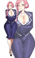 1girl absurdres black_footwear blue_jacket blue_skirt breasts cleavage closed_mouth commission crossed_arms female_focus flower flower_necklace full_body green_eyes gurimjang hair_bun hair_over_shoulder hanazono_hahari highres jacket jewelry kimi_no_koto_ga_dai_dai_dai_dai_daisuki_na_100-nin_no_kanojo large_breasts long_hair long_sleeves looking_at_viewer mature_female multiple_views necklace parted_bangs pencil_skirt pink_hair pixiv_commission ringlets simple_background single_hair_bun skirt solo standing suit_jacket taut_clothes taut_skirt v-shaped_eyebrows white_background wide_hips wide_sleeves zoom_layer