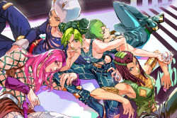 2boys 3girls armband armpits belt belt_buckle braid braided_ponytail breasts brooch brown_hair buckle cone_hair_bun crown_braid double_bun dreadlocks ermes_costello fishnets foo_fighters_(jojo) fur_hat green_eyes green_hair green_lips green_nails grey_eyes hair_bun halterneck hat horns jewelry jojo_no_kimyou_na_bouken kuujou_jolyne lipstick long_hair makeup midriff multicolored_hair multiple_boys multiple_girls nail_polish narciso_anasui overalls pectorals pink_eyes pink_hair pink_lips purple_eyes short_hair simple_background spider_web_print stone_ocean tattoo two-tone_hair weather_report white_hair yellow_lips zzyzzyy