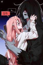 Rule 34 | 1boy, 1girl, absurdres, bandaged head, bandages, bbabbamis2, black hair, black kimono, blood, blood on clothes, blood on face, bloody bandages, blue background, commentary request, english text, gradient background, halftone, halftone background, hand in own hair, heroine (homicipher), hetero, highres, holding, holding brush, homicipher, japanese clothes, kimono, korean commentary, long hair, looking at another, mr. crawling, pink hair, raincoat, red eyes, sitting, sitting on lap, sitting on person, spoken sweatdrop, sweatdrop, very long hair