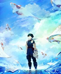 1boy animal belt belt_pouch boku_no_hero_academia closed_mouth cloud cloudy_sky commentary_request cumulonimbus_cloud fish freckles gloves green_eyes green_hair green_jumpsuit highres holding jumpsuit koi looking_up male_focus midoriya_izuku pouch red_belt ryo_(piggerworld) short_hair sky smile solo standing water white_gloves