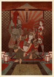 Rule 34 | abs, armor, beard, black thighhighs, blonde hair, breasts, brown eyes, chain, cleavage, coat, corset, earrings, facial hair, fishnet top, fishnets, fuuma kotarou, gauntlet, hairband, headband, hojo ujiyasu, japanese text, jewelry, kaihime, kotaro fuuma, lamp, long hair, looking back, map, muscular, muscular male, necklace, platform sandals, ponytail, red hair, sandals, scar, sengoku musou, sitting, smile, stubble, sword, thighhighs, weapon, wedge heels
