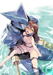 Rule 34 | 1boy, 1girl, absurdres, android, armor, asagi marin, bar censor, blue armor, blue skin, blush, bound, breasts, brigadoon, brown hair, censored, colored skin, commentary request, completely nude, green eyes, height difference, hetero, highres, licking, licking another&#039;s face, mecha, mecha on girl, medium hair, melan blue, mugitarou, nipples, nose blush, nude, partially submerged, pussy, red eyes, robot, sex, sitting, sitting on lap, sitting on person, small breasts, tentacle sex, tentacles, vaginal