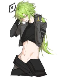 1boy absurdres adjusting_hair aotu_world belt black_belt black_gloves black_pants black_shirt chinese_commentary crop_top cropped_jacket fingerless_gloves gloves green_hair grey_jacket groin hair_between_eyes hair_tie_in_mouth halo hands_up highres jacket long_hair long_sleeves looking_at_viewer low_ponytail male_focus midriff mouth_hold multicolored_eyes natsuoxiaolinxiasheng navel open_clothes open_jacket pants ponytail red_eyes shirt simple_background smile solo stomach toned tying_hair white_background xander_(aotu_world) yellow_eyes