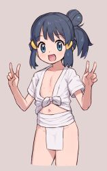 1girl areola_slip chiwino dawn_(pokemon) female_focus flat_chest highres japanese_clothes looking_at_viewer nintendo nipple_slip nipples no_panties open_clothes peace_symbol pokemon pokemon_legends:_arceus