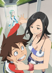 00s 1boy 2girls aqua_hair bare_arms bare_shoulders belt black_hair bracelet breasts brown_hair cheek_pinching cleavage clenched_teeth dutch_angle eureka_(eureka_seven) eureka_seven eureka_seven_(series) eye_contact fighting green_hair grin hair_ornament hairclip hallway holding_another&#039;s_wrist indoors jewelry looking_at_another looking_back medium_breasts miniskirt mouth_pull multiple_girls navel no_bra no_socks pinching raglan_sleeves renton_thurston short_hair skirt smile smirk standing strapless talho_yuuki tank_top teeth tube_top yoshida_ken&#039;ichi