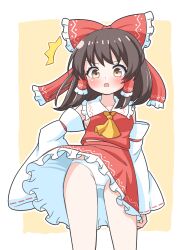 1girl :o ^^^ ascot bare_shoulders blush bow brown_eyes brown_hair clothes_lift commentary_request cowboy_shot detached_sleeves frilled_bow frilled_hair_tubes frilled_skirt frills from_below hair_bow hair_tubes hakurei_reimu highres huge_bow medium_hair midriff_peek nontraditional_miko open_mouth panties pantyshot red_bow red_skirt ribbon-trimmed_sleeves ribbon_trim skirt skirt_lift skirt_set solo surprised touhou underwear v-shaped_eyebrows white_panties wide_sleeves wind wind_lift yellow_ascot zenji029