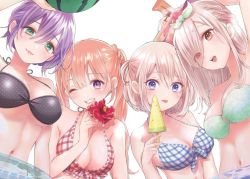 4girls amano_erika bikini blue_eyes copyright_name female_focus green_eyes kakkou_no_iinazuke mochizuki_ai_(kakkou_no_iinazuke) multiple_girls official_art one_eye_closed purple_eyes purple_hair segawa_hiro swimsuit twintails umino_sachi_(kakkou_no_iinazuke) wink yoshikawa_miki