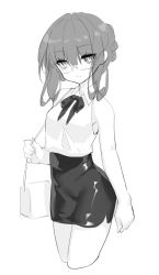 1girl bag bow braid breasts closed_mouth collared_shirt cropped_legs female_focus glasses greyscale hair_between_eyes hair_rings handbag head_tilt looking_at_viewer monochrome original pencil_skirt saru shirt shoulder_bag sidelocks simple_background sketch skirt sleeveless sleeveless_shirt small_breasts solo white_background