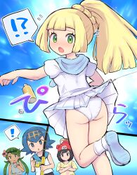 ! !? 4girls :o ass blonde_hair clothes_lift commentary_request eyelashes fish_hook fishing_line fishing_rod flying_sweatdrops green_eyes highres holding holding_fishing_rod kutabireta_neko lana_(pokemon) leg_up lifting_another&#039;s_clothes lillie_(pokemon) long_hair looking_back mallow_(pokemon) multiple_girls nintendo open_mouth panties pleated_skirt pokemon pokemon_sm ponytail selene_(pokemon) shirt shoes short_sleeves skirt skirt_lift socks spoken_exclamation_mark spoken_interrobang underwear white_panties white_shirt white_shoes white_skirt white_socks