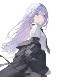 1girl black_jacket black_necktie black_skirt blush breasts closed_mouth collared_shirt commission cowboy_shot floating_hair flower_hairpin from_side hair_intakes highres jacket karyln long_hair long_sleeves looking_at_viewer necktie open_clothes original pantyhose purple_eyes purple_hair shirt skirt small_breasts solo thigh_strap white_background white_shirt
