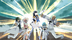 Rule 34 | 2girls, 3boys, black hair, blonde hair, blue hair, boots, dress, epaulettes, gamagoori ira, green hair, hare hare yukai, hat, inumuta houka, jakuzure nonon, junketsu, kill la kill, kiryuuin satsuki, multiple boys, multiple girls, on one knee, outstretched arms, parody, pink hair, pointing, sanageyama uzu, shako cap, shinonoko (tubamecider), suzumiya haruhi no yuuutsu, thigh boots, thighhighs, uniform