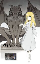 1boy 1girl absurdres asdf1211950 barefoot beast_adam_(black_souls) beauty_la_belle_(black_souls) black_souls blonde_hair blue_eyes closed_mouth dress full_body gargoyle hand_up highres long_sleeves looking_at_viewer monster off-shoulder_dress off_shoulder walking white_dress