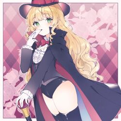 1girl black_cloak black_hat black_jacket black_leotard black_thighhighs blonde_hair blush boots bow bowtie cane card cloak commission gem gloves green_eyes hat hibikineiroca highres jacket leotard leotard_under_clothes long_hair original phantom_thief_(kkmomo67) playing_card red_bow red_bowtie red_cloak shirt skeb_commission solo thigh_boots thighhighs thighs top_hat two-sided_cloak two-sided_fabric white_gloves white_shirt