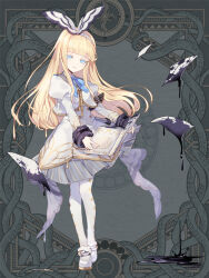 1girl armband blue_bow blue_eyes book bow dairoku_ryouhei full_body grey_background hairband hishii_(tw) holding holding_book ink long_hair long_sleeves looking_at_viewer open_book pantyhose puffy_long_sleeves puffy_sleeves shoes skirt smile solo standing white_bow white_hairband white_pantyhose white_shoes white_skirt