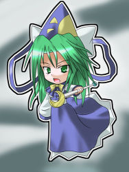 1girl blue_jacket blue_skirt bow chibi chibi_only female_focus green_eyes green_hair hat jacket kukyo long_hair long_sleeves lowres matching_hair/eyes mima_(touhou) scepter simple_background skirt solo touhou touhou_(pc-98) wizard_hat