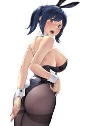 absurdres animal_ears ass black_leotard black_pantyhose blue_hair breasts fake_animal_ears fake_tail highres kantai_collection leotard looking_at_viewer looking_back open_mouth pantyhose playboy_bunny rabbit_ears rabbit_tail short_hair sideboob simple_background souryuu_(kancolle) tail thighband_pantyhose twintails variant_set wa_(genryusui) white_background