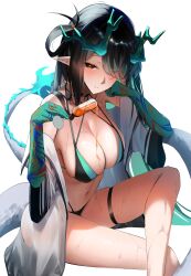 1girl absurdres arknights bare_shoulders bikini black_bikini black_choker black_hair black_robe blush breasts bright_pupils choker cleavage closed_mouth colored_extremities crossed_legs cup dragon_girl dragon_horns dragon_tail dusk_(arknights) heart heart-shaped_pupils highres holding holding_cup horns japanese_clothes kimono large_breasts light_smile long_hair looking_at_viewer multi-strapped_bikini_bottom multi-strapped_bikini_top navel off_shoulder open_clothes orange_eyes pointy_ears robe short_sleeves simple_background sitting solo stomach swimsuit symbol-shaped_pupils tail thigh_strap white_background white_pupils white_robe yuki_(yuki_yu_owo)