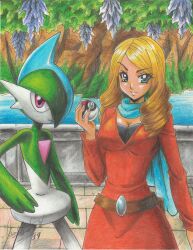 1girl 2019 absurdres alice_(pokemon) arm_up artist_name bag blonde_hair blue_eyes blue_scarf breasts cleavage closed_mouth cowboy_shot dress gallade gen_4_pokemon hand_on_own_hip highres holding holding_poke_ball large_breasts nintendo orange_dress outdoors pink_eyes poke_ball pokemon pokemon:_the_rise_of_darkrai pokemon_(anime) pokemon_(creature) pokemon_dppt_(anime) ravernclouk_design scarf smile standing traditional_media water