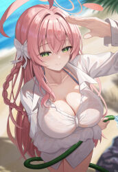1girl absurdres ahoge arm_under_breasts arus beach blue_archive blurry blurry_background blush bow bra braid breasts cleavage closed_mouth collarbone collared_shirt commentary_request day fingernails green_eyes hair_between_eyes hair_bow halo hanako_(blue_archive) hanako_(swimsuit)_(blue_archive) hand_up highres holding holding_hose hose large_breasts long_hair long_sleeves looking_at_viewer mixed-language_commentary official_alternate_costume outdoors partially_unbuttoned pink_hair pink_halo shirt smile solo underwear very_long_hair water wet wet_clothes white_bow white_shirt