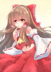 1girl armpit_crease ascot ayamiyuki bare_shoulders bow brown_eyes brown_hair closed_mouth collared_shirt cowboy_shot detached_sleeves finger_to_mouth frilled_bow frilled_hair_tubes frills gradient_background hair_between_eyes hair_bow hair_tubes hakurei_reimu leaning_forward looking_at_viewer navel red_bow red_ribbon red_shirt red_skirt ribbon ribbon-trimmed_sleeves ribbon_trim shirt simple_background skirt sleeveless sleeveless_shirt solo touhou white_background yellow_ascot yellow_background