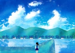 1girl aandulce artist_logo backpack bag black_hair blue_sky blue_theme bridge cloud cloudy_sky highres house lamppost landscape logo long_hair long_sleeves mountain original reflection skirt sky socks tagme translation_request tree utility_pole white_socks