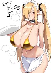 1girl apron arm_behind_back bikini bikini_top_only black_ribbon blonde_hair blush breasts choker cleavage dated elf frilled_choker frilled_hairband frills gold_bikini hair_ornament hair_over_one_eye hair_ribbon hairband highres holding holding_tray huge_breasts long_hair long_twintails maid maid_headdress nana_(mogs1225) navel one_eye_covered original pointy_ears red_eyes ribbon solo standing sweat swimsuit tray twintails waitress white_background white_hairband