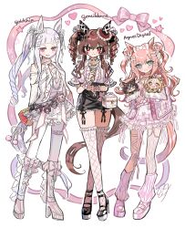 3girls absurdres agnes_digital_(umamusume) alternate_costume animal_ears bag belt_charm black_shoes black_skirt blue_eyes boots bow brown_hair center_frills character_charm character_doll charm_(object) choker detached_sleeves doll fishnet_thighhighs fishnets frills full_body gentildonna_(umamusume) gold_ship_(umamusume) hair_bow hair_ribbon high-waist_skirt high_heel_boots high_heels highres horse_ears horse_girl horse_tail itabag knee_boots kumo_(mokumoku_warabi) layered_skirt long_hair long_sleeves looking_at_viewer loose_socks miniskirt multiple_girls pink_bag pink_boots pink_eyes pink_shirt pink_skirt pink_socks pink_thighhighs ribbon ringlets rubik&#039;s_cube shirt shoes shoulder_bag simple_background skirt smile socks strappy_heels tail thighhighs twintails two_side_up umamusume white_background white_hair