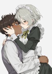 2boys black_eyes black_hair blue_eyes blush crossdressing dark-skinned_male dark_skin dungeon_meshi grey_hair hand_on_another&#039;s_head hand_on_another&#039;s_hip highres kabru maid male_focus mayomayoland mithrun multiple_boys sitting sitting_on_lap sitting_on_person trap yaoi