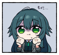 1girl steamed_bun chan_co commentary_request eating food gakuen_idolmaster green_eyes green_hair holding holding_food idolmaster long_hair looking_at_viewer shaded_face simple_background solo sweatdrop tsukimura_temari upper_body very_long_hair