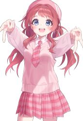 1girl :d beret blue_eyes blush breasts brown_hair chobi_(penguin_paradise) collared_shirt commentary_request cowboy_shot gakuen_idolmaster hanami_saki hat highres idolmaster long_hair long_sleeves looking_at_viewer low_twintails necktie open_mouth outstretched_arms pink_hat pink_necktie pink_skirt plaid_clothes plaid_necktie plaid_skirt pleated_skirt puffy_long_sleeves puffy_sleeves school_uniform shirt simple_background skirt small_breasts smile solo sweater_vest twintails white_background white_shirt