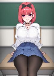 1girl absurdres black_choker black_pantyhose black_scarf blue_skirt blurry blurry_background blush breasts chalkboard charon_universe choker classroom cleavage closed_mouth collarbone commentary earrings fang hair_ornament hair_scarf hairclip heart heart_collar heart_necklace highres indoors jewelry karin_(charon_universe) large_breasts long_sleeves looking_at_viewer medium_hair musical_note_earrings necklace p03145 pantyhose pink_eyes pink_hair scarf school_uniform shirt sitting skirt smile solo thighs tongue tongue_out virtual_youtuber white_shirt