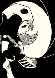 1boy absurdres beard bridal_gauntlets chibi commentary executioner_hood expressionless facial_hair fleur-de-lis from_side greyscale gyro_zeppeli highres holster jojo_no_kimyou_na_bouken long_hair m_a_a_m_8 male_focus monochrome official_alternate_costume short_sleeves solo steel_ball_run