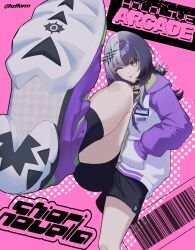 1girl ;p absurdres barcode black_hair black_shorts black_socks character_name footwear_focus hands_in_pockets hazel_(hzlform) highres hololive hololive_english jacket multicolored_hair multicolored_jacket one_eye_closed purple_jacket purple_shoes shiori_novella shoes shorts socks solo split-color_hair tongue tongue_out two-tone_hair virtual_youtuber white_jacket yellow_eyes yorick_(shiori_novella)