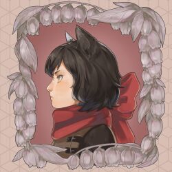 1girl animal_ears armor black_hair body_fur border cat_ears cat_girl closed_mouth commentary dungeon_meshi english_commentary flower from_side highres izutsumi jinaxxo leather_armor lily_of_the_valley looking_ahead ornate_border portrait profile red_background red_scarf scarf short_hair sleeveless solo yellow_eyes