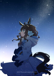 1girl ahoge animal_ears blue_jacket blue_ribbon blue_skirt brown_hair clenched_hand cocoloco commentary cowboy_shot daring_tact_(umamusume) dated from_side hair_ornament hair_ribbon hand_on_own_chest hood hooded_jacket horse_ears horse_girl horse_tail jacket light_particles looking_up night night_sky profile ribbon short_hair sidelocks skirt sky solo star_(sky) starry_sky symbol-only_commentary tail twitter_username umamusume wavy_hair