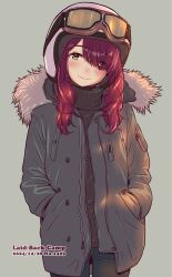 1girl black_sweater blue_pants brown_hair closed_mouth copyright_name cowboy_shot dated denim fur-trimmed_jacket fur_trim goggles goggles_on_headwear green_eyes grey_background grey_jacket hair_over_one_eye hands_in_pockets head_tilt helmet highres jacket jagi_(jagi_souken) jeans long_hair long_sleeves looking_at_viewer motorcycle_helmet pants ribbed_sweater simple_background smile solo sweater toki_ayano turtleneck turtleneck_sweater yurucamp