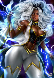 1girl absurdres armlet big_hair blue_eyes boots bracer breasts cleavage cleavage_cutout clothing_cutout dark-skinned_female dark_skin earrings electricity gold_trim highres jewelry large_breasts lightning lightning_bolt_earrings lightning_bolt_symbol lips logan_cure long_hair looking_to_the_side marvel marvel_tokon:_fighting_souls midriff navel pants patreon_username solo storm_(x-men) thigh_boots very_dark_skin white_hair white_pants x-men
