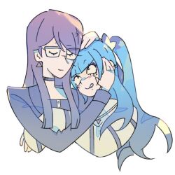 amemiya_darumi black_bow black_hair blue_hair bow closed_eyes ear_piercing earrings face_piercing glasses hands_on_another&#039;s_head jewelry lip_piercing long_sleeves multicolored_hair piercing pink_eyes purple_hair shirt shizuhara_hiruko striped_clothes striped_shirt the_hundred_line_-last_defense_academy- the_hundred_line_last_defense_academy twintails upper_body yuri