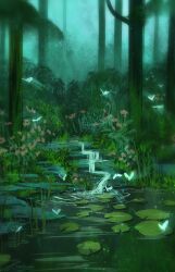 blue_butterfly bug butterfly flower forest glowing glowing_butterfly grass green_light green_theme insect light_trail lily_pad nature no_humans original outdoors pink_flower plant pond ripples rock scenery signature tree water waterfall zandra