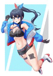 1girl black_hair black_skirt blue_eyes blue_jacket blush breasts cleavage criss-cross_halter dotted_background els_(ljhlee12) gridman_universe gridman_universe_(movie) hair_ribbon halterneck hands_in_pockets highres jacket kneehighs large_breasts leg_tattoo long_hair looking_at_viewer microskirt multicolored_jacket navel off_shoulder official_alternate_costume official_alternate_hairstyle open_mouth ponytail ribbon shiny_skin shoes single_sock skirt sneakers socks solo ssss.gridman swimsuit takarada_rikka takarada_rikka_(solarain_toys) tattoo thick_thighs thigh_strap thighs white_background white_jacket white_shoes